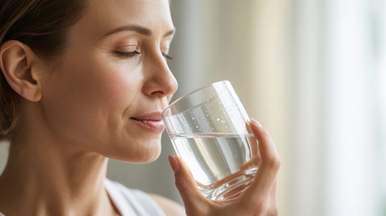 A woman sipping water from a clear glass, looking refreshed and hydrated.