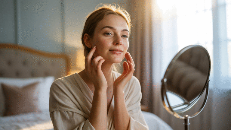 A woman studies her face in a mirror, reflecting on her appearance with a focused look.