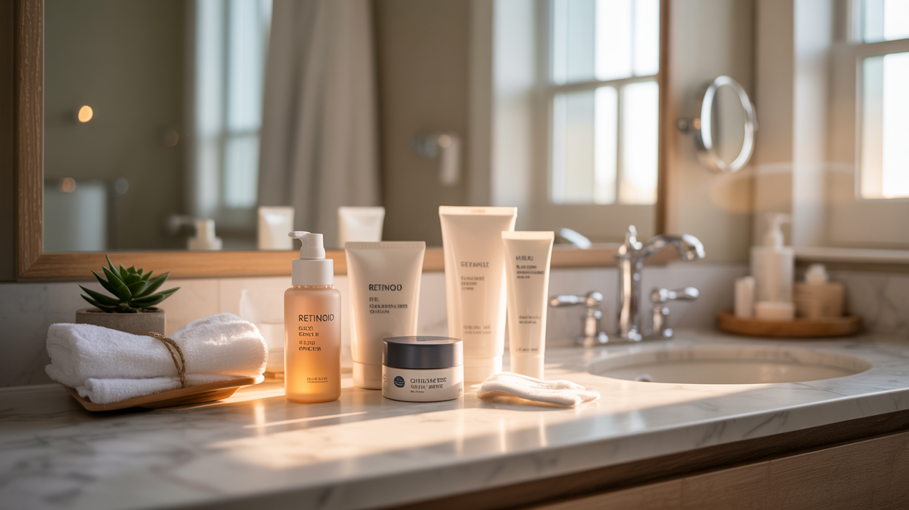 A bathroom counter featuring a sink, mirror, and a bottle of skin care products arranged neatly.