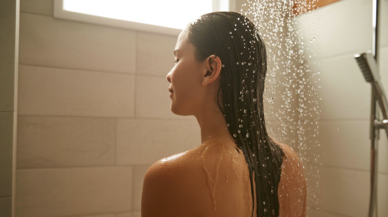 A woman stands in a shower, water cascading down her back, creating a serene and refreshing atmosphere.
