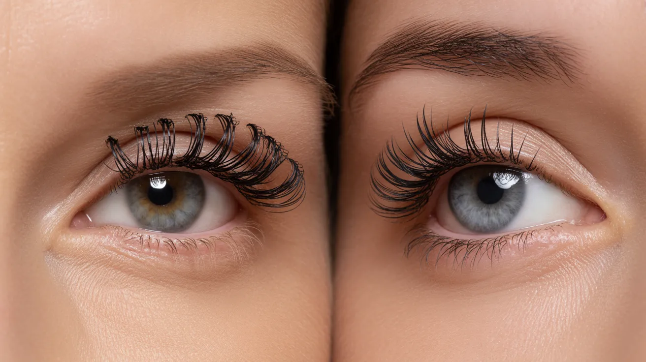 Close-up of two women's eyes showcasing long, elegant eyelashes against a soft background.