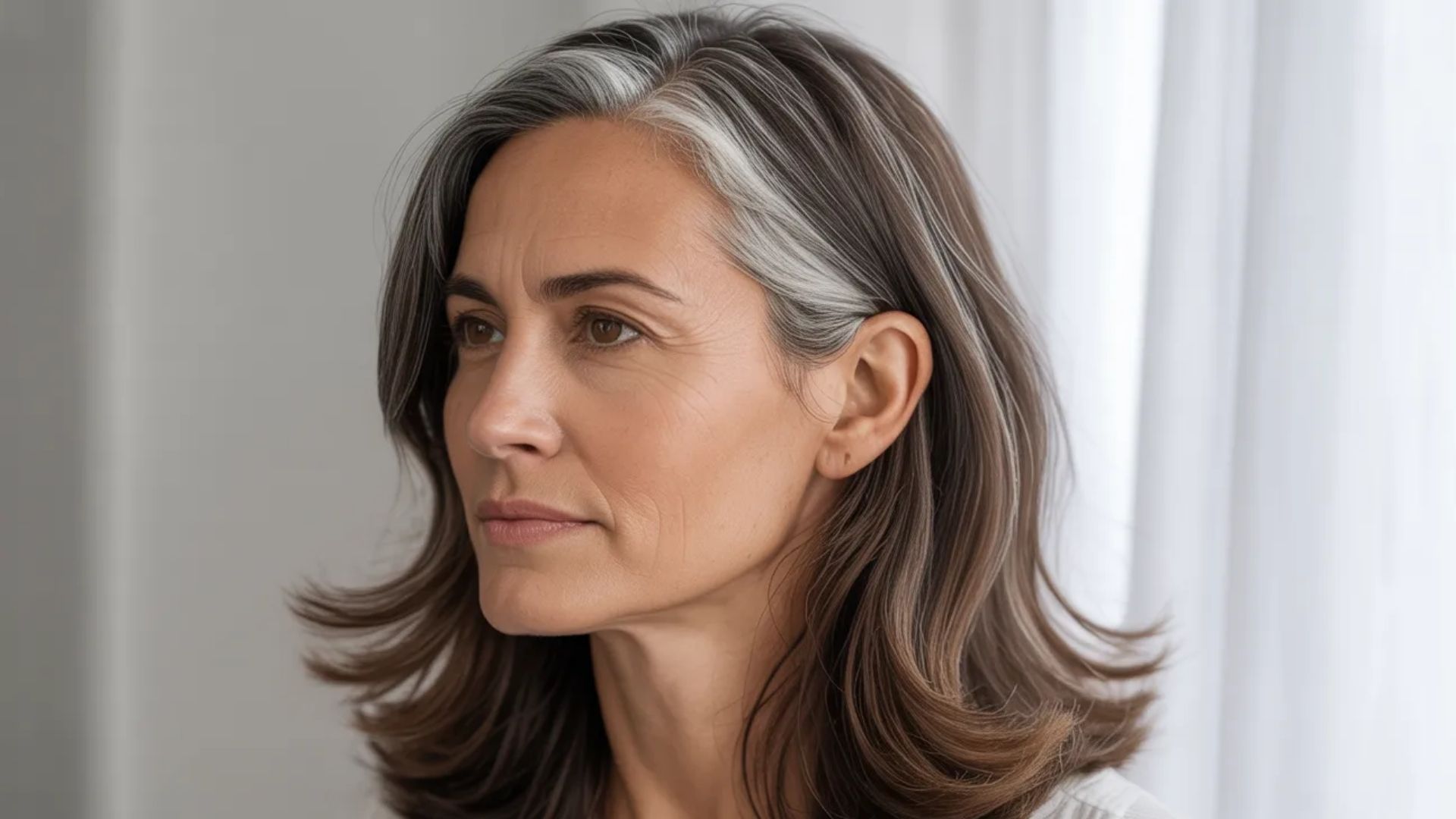 A woman with gray hair gazes thoughtfully to the side, her expression contemplative and serene.