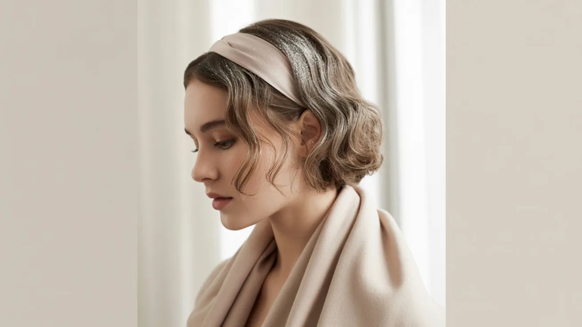 A woman wearing a colorful headband and a patterned scarf, smiling softly at the camera.