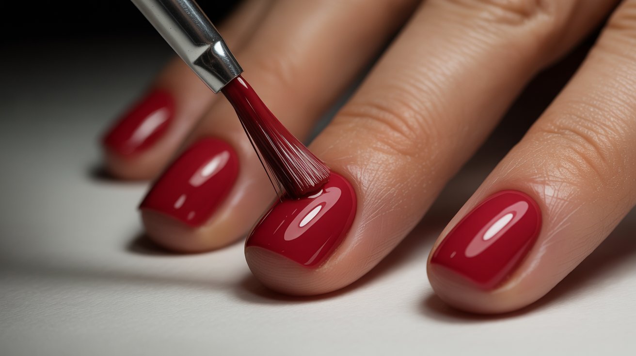 A woman's hand with red nail polish holding a brush, ready for application.