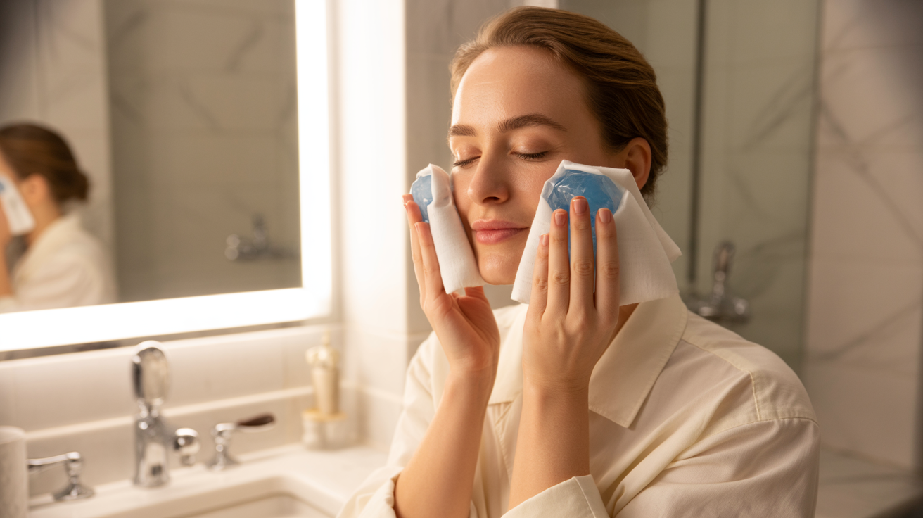 A woman is wiping her face with a towel, focusing on personal care and hygiene.