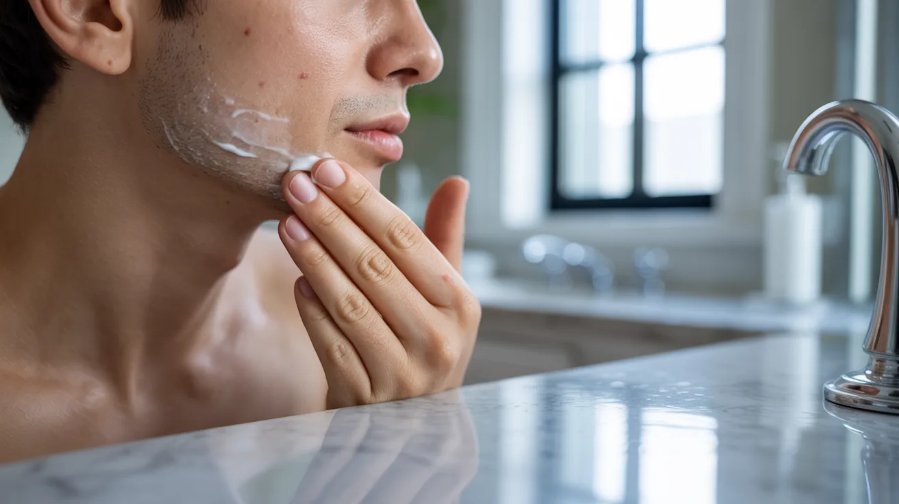 A man shaving his face in a well-lit bathroom, standing in front of a mirror with shaving cream on his face.