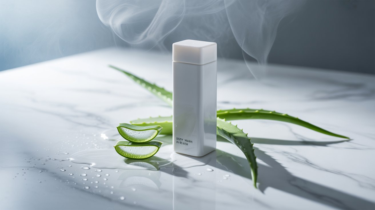 Fresh aloe vera leaves beside a white bottle of aloe vera, emphasizing its use in health and beauty products.