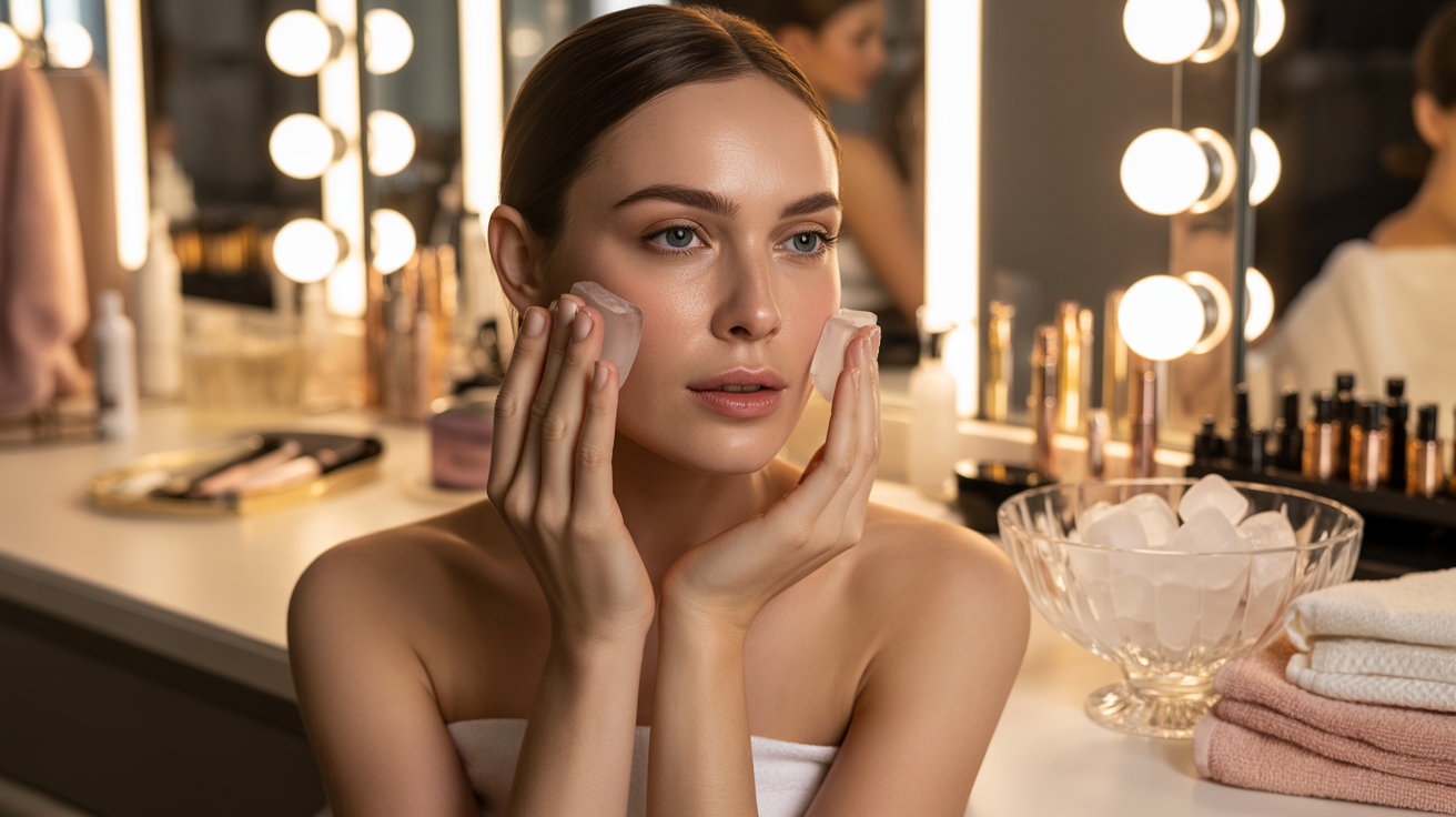 Beautiful woman applying makeup in front of a mirror, showcasing her focused expression and vibrant cosmetics.