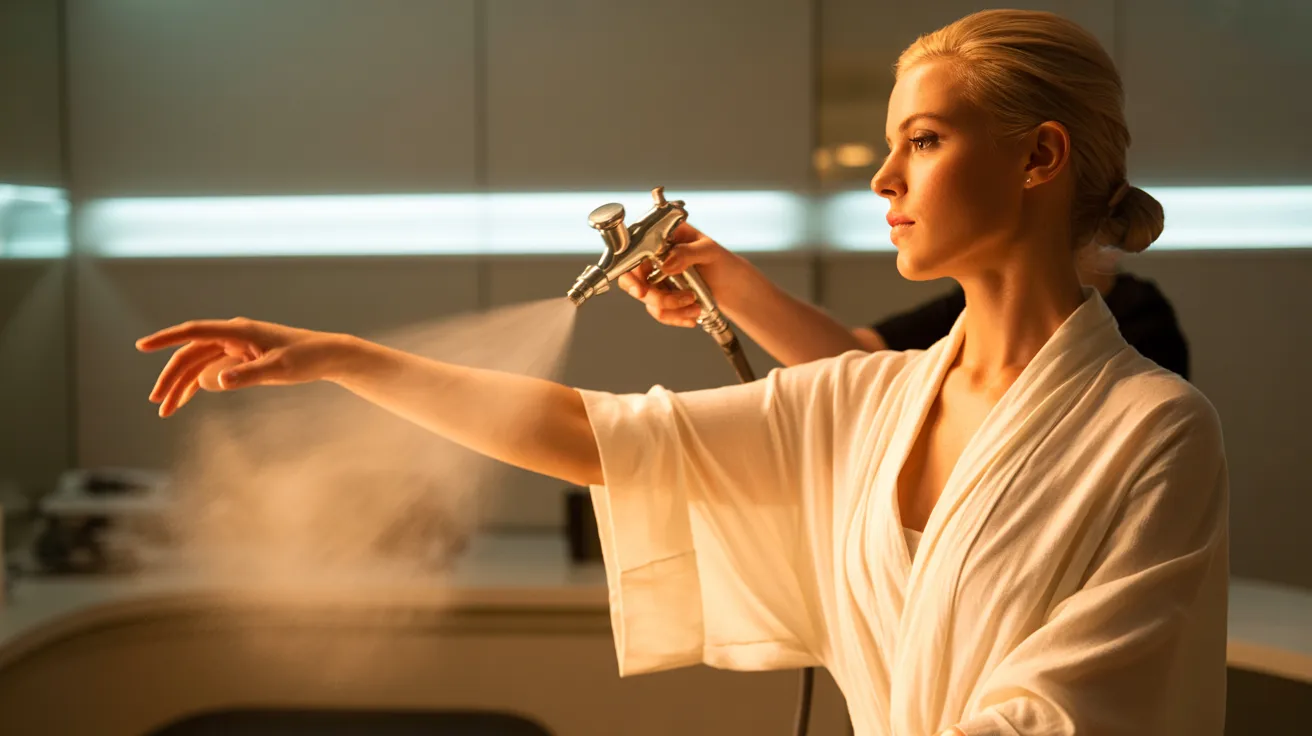 A woman in a robe uses a spray gun to apply paint or finish to a surface.