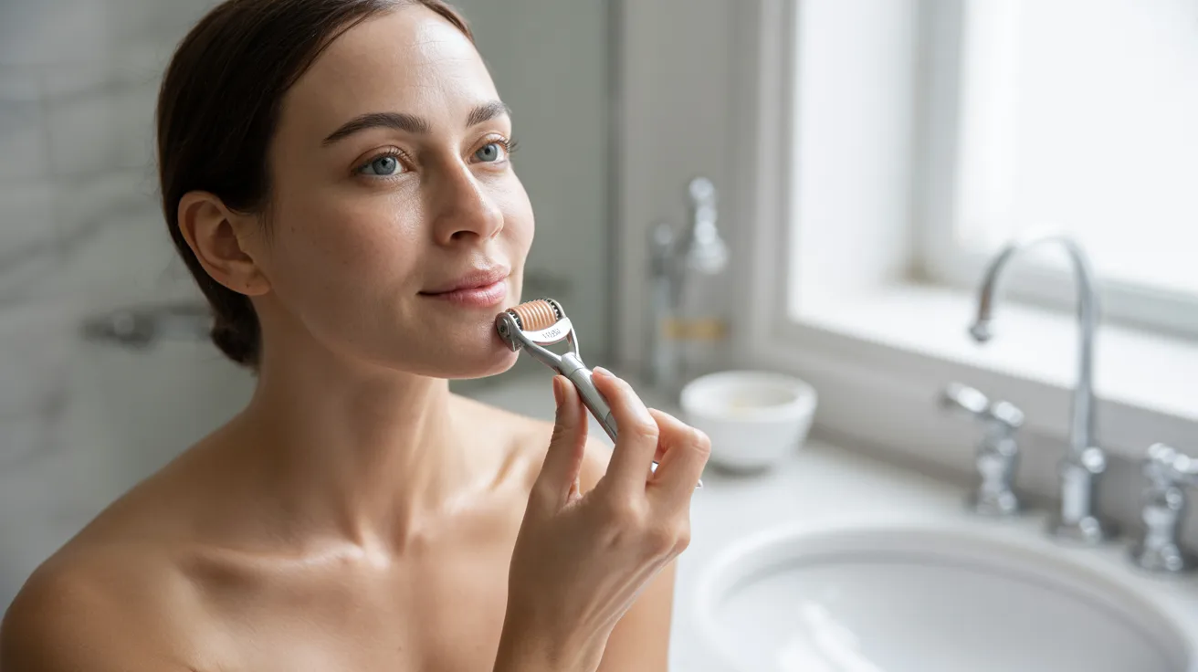 A woman brushing her teeth with a toothbrush in a bathroom setting, focusing on her dental hygiene routine.