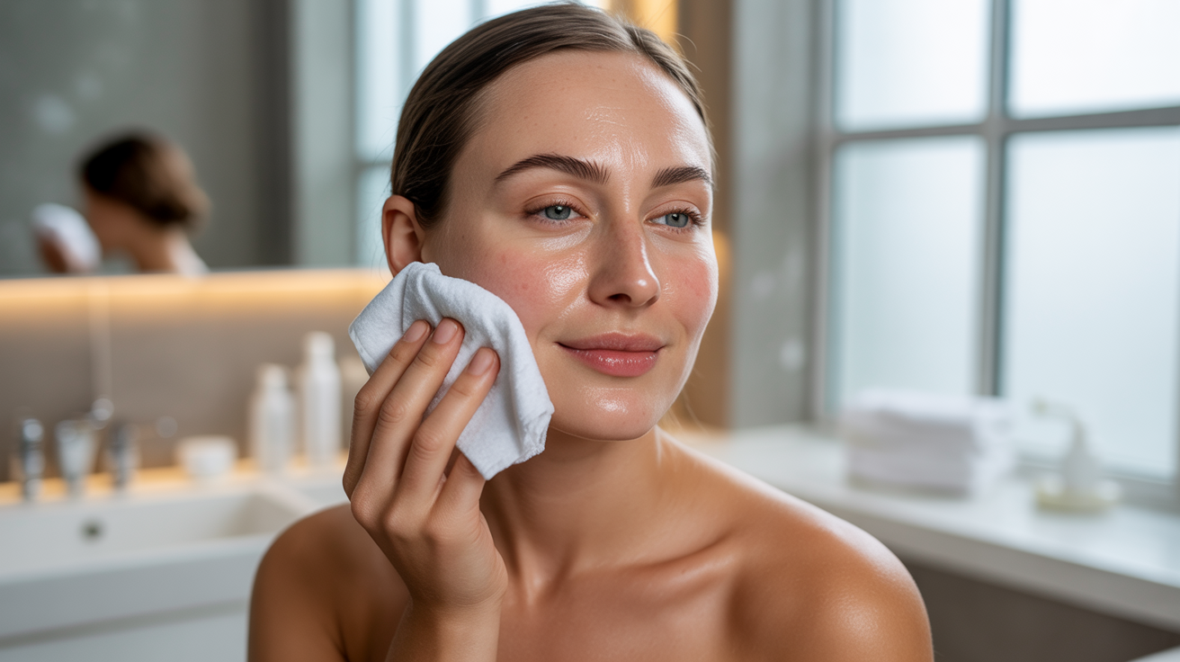 A woman is wiping her face with a towel, focusing on personal care and hygiene.