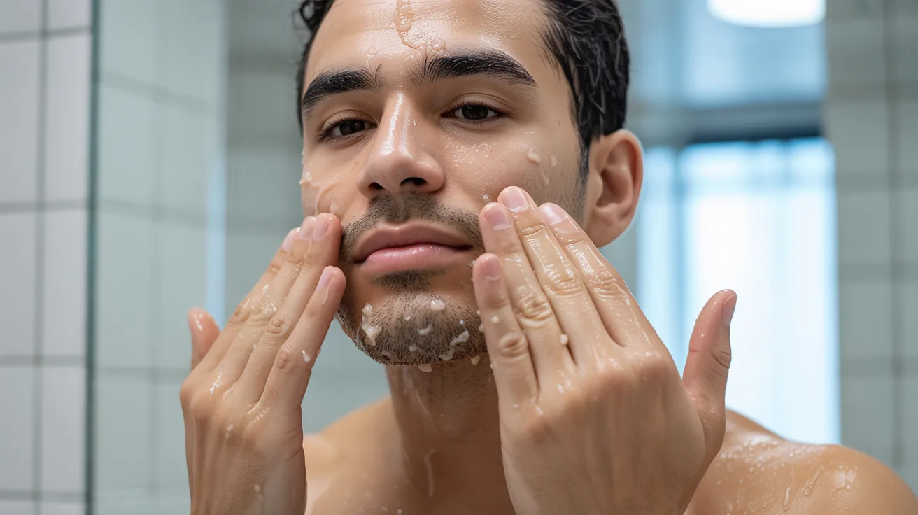 A man is washing his face at a bathroom sink, water splashing as he cleans his skin.