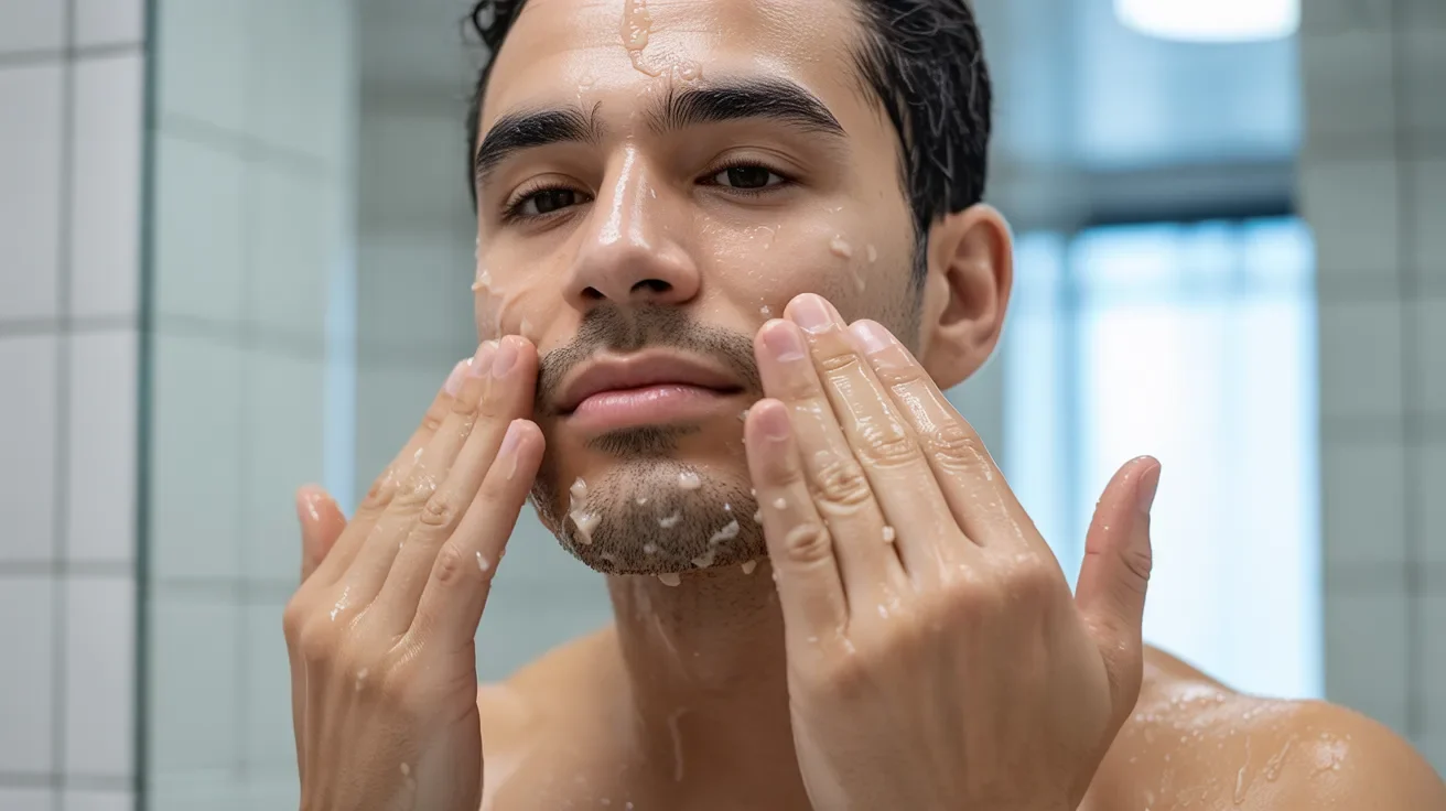 A man is washing his face at a bathroom sink, water splashing as he cleans his skin.