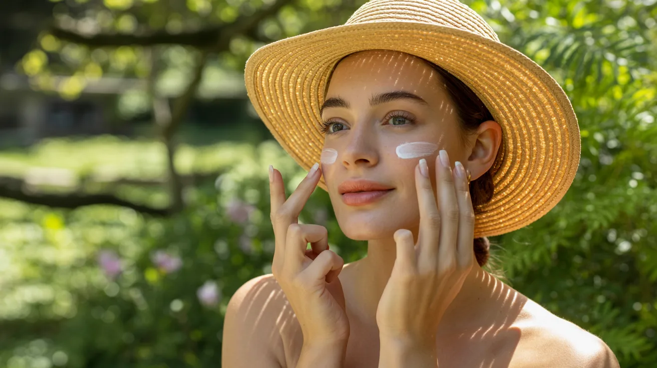 A woman wearing a straw hat applies sunscreen to her face, preparing for sun exposure.