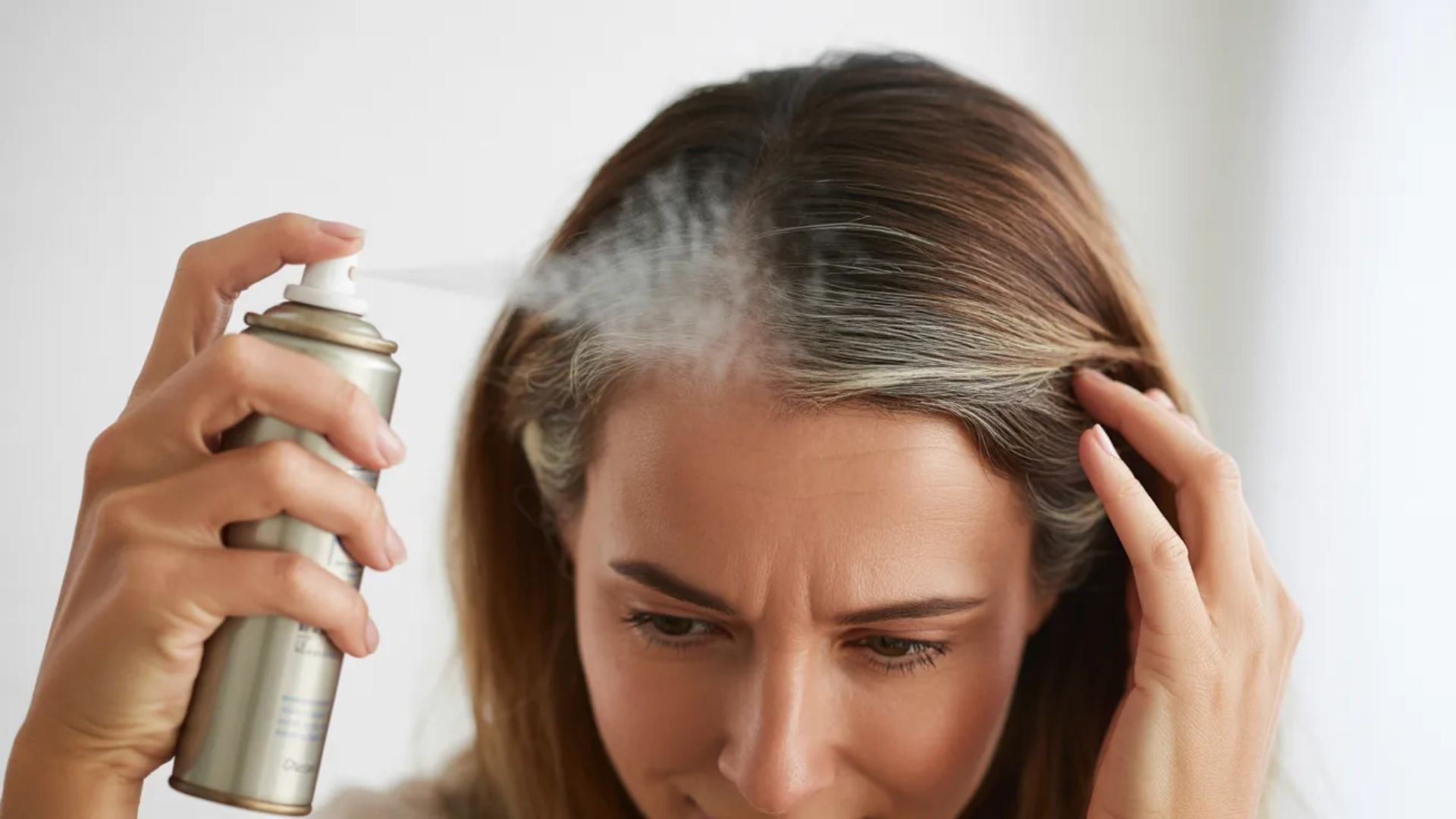 A woman is using a hair spray to dry her hair, standing in front of a mirror with a focused expression.