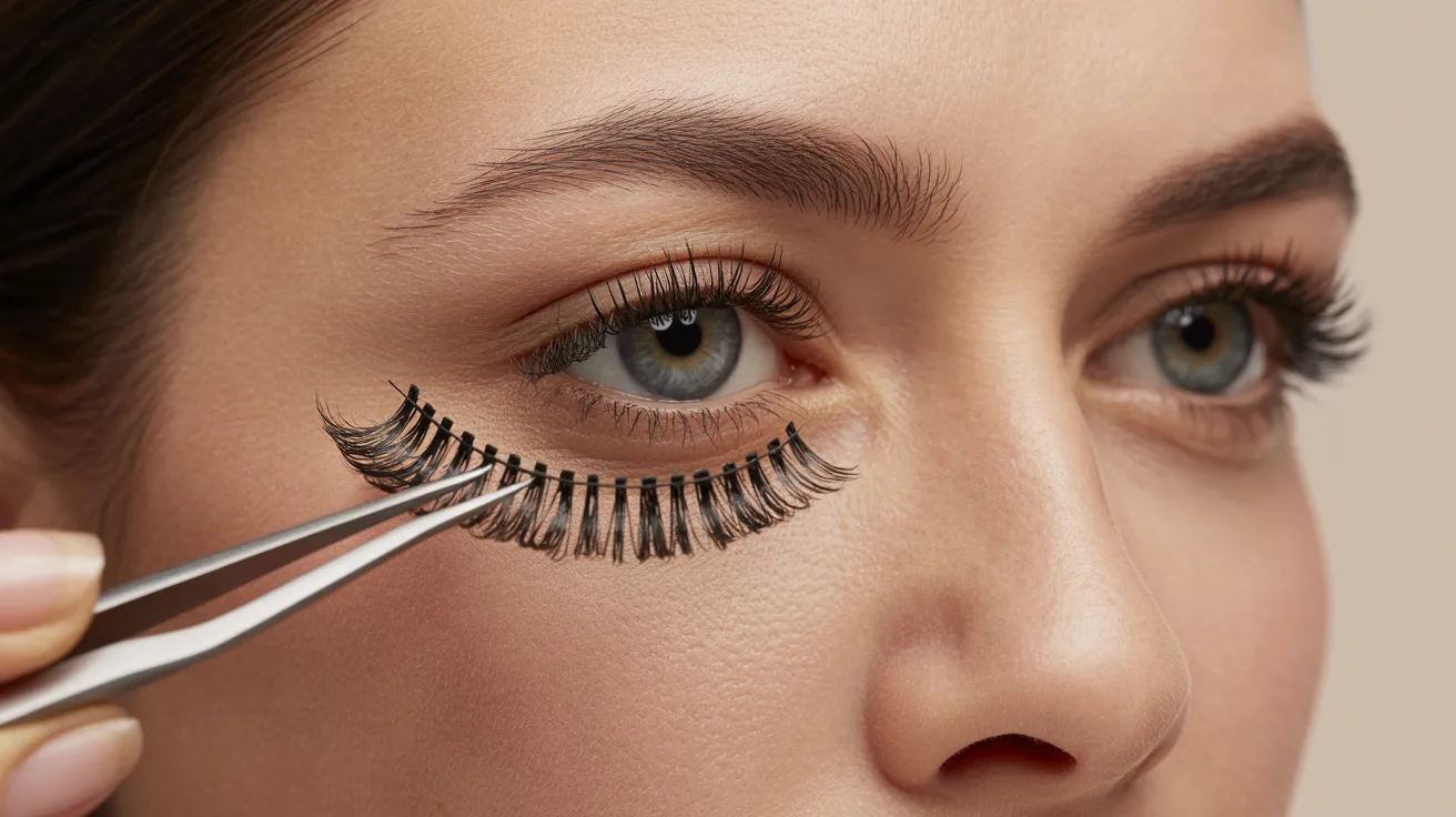 A woman with long eyelashes is having her lashes carefully trimmed by a beautician in a well-lit salon.