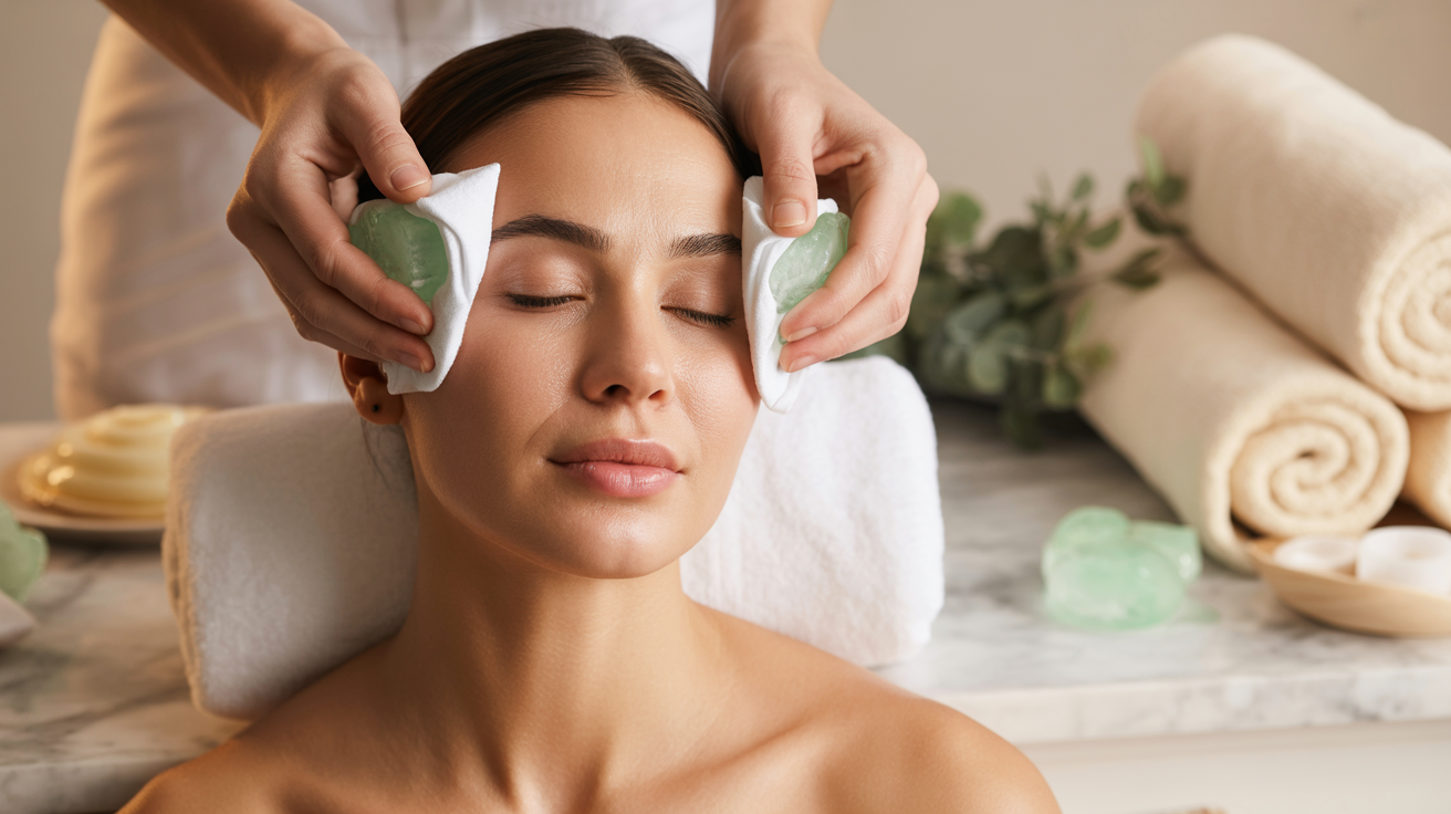 A woman receiving a facial treatment, relaxing with green stones placed on her face for rejuvenation.