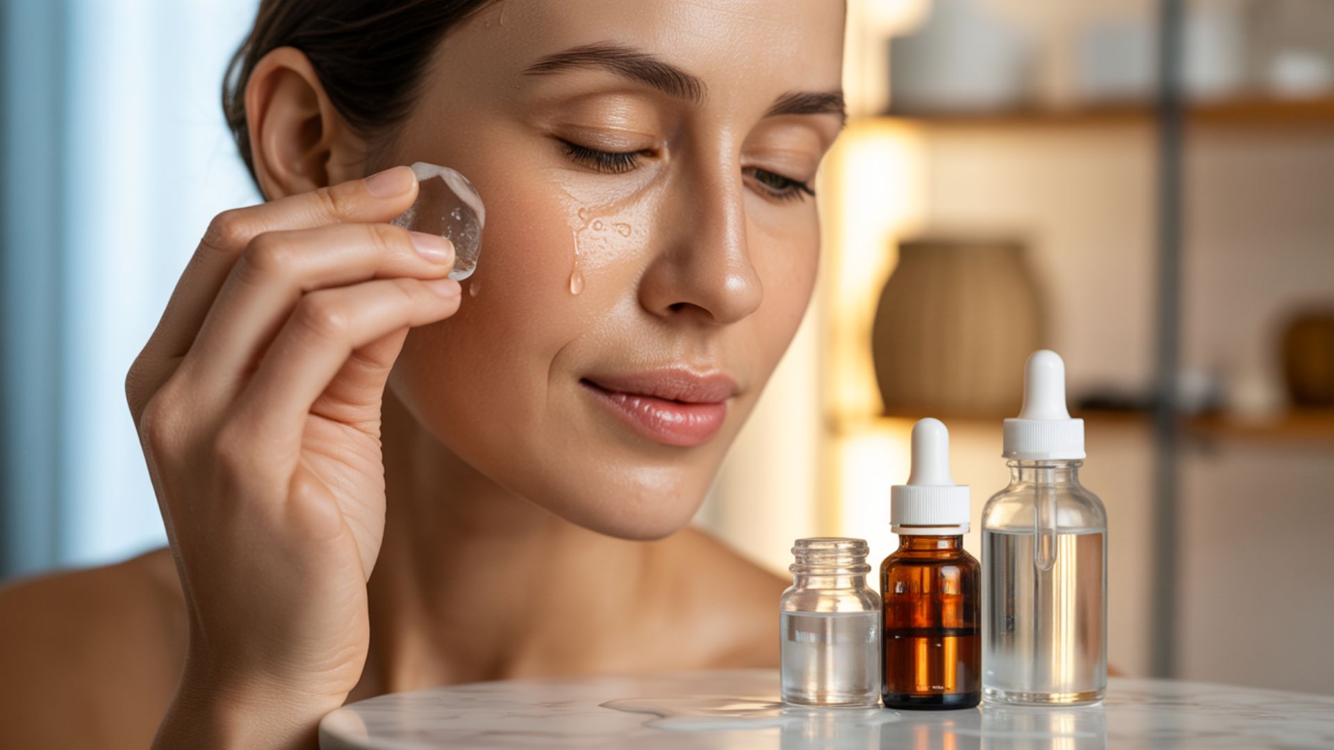 A woman gently applying facial serum to her face, focusing on skincare and beauty routine.