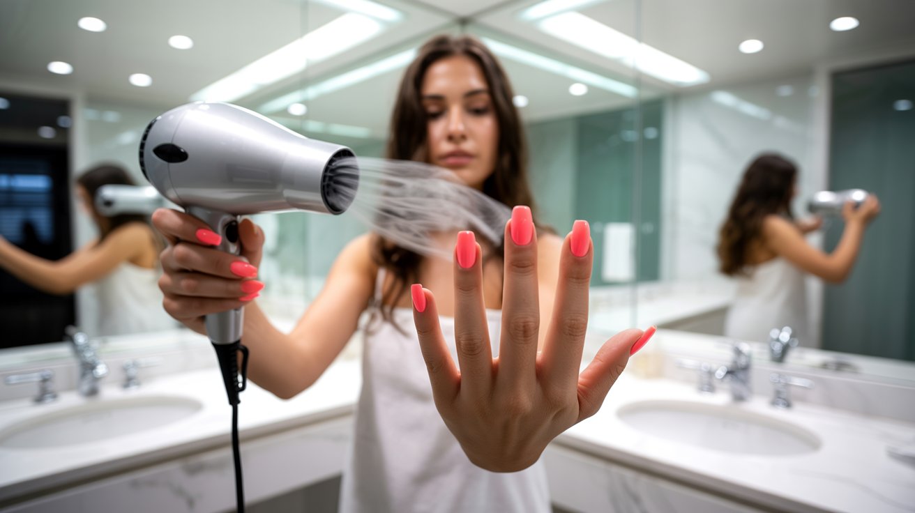 A woman uses a blow dryer to dry her hands, standing in a bright bathroom with a mirror in the background.