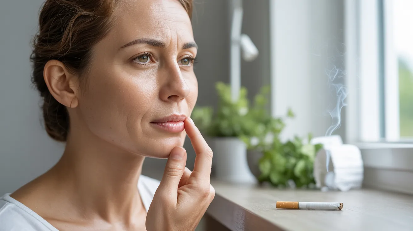 A woman gazes thoughtfully at her cigarette, contemplating her decision to smoke.