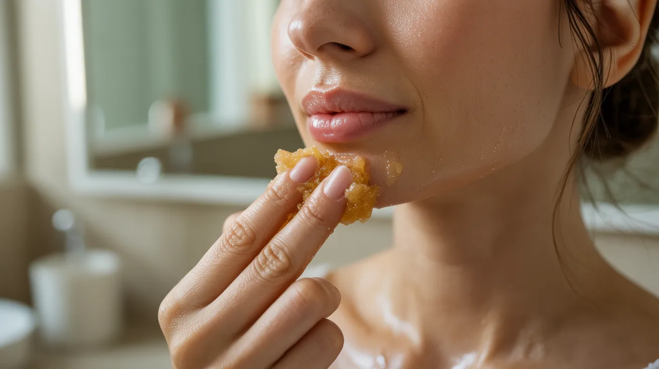 A woman brushes her teeth using a slice of bread instead of a toothbrush in a quirky bathroom setting.