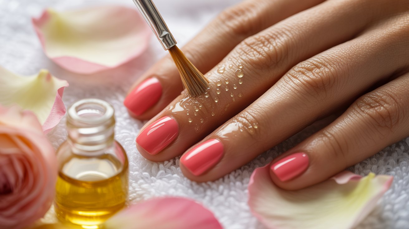 A woman with pink nails holds a bottle of nail polish, showcasing her manicured hands and vibrant nail color.