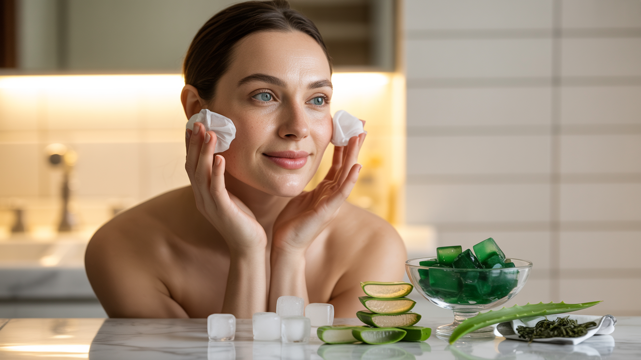 A woman holds a cucumber in one hand and a glass of water in the other, smiling at the camera.