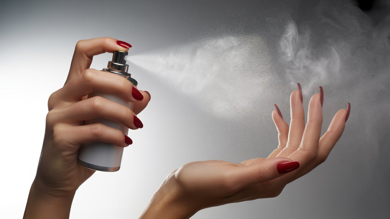 A woman's hand sprays sanitizer onto her other hand for hygiene.