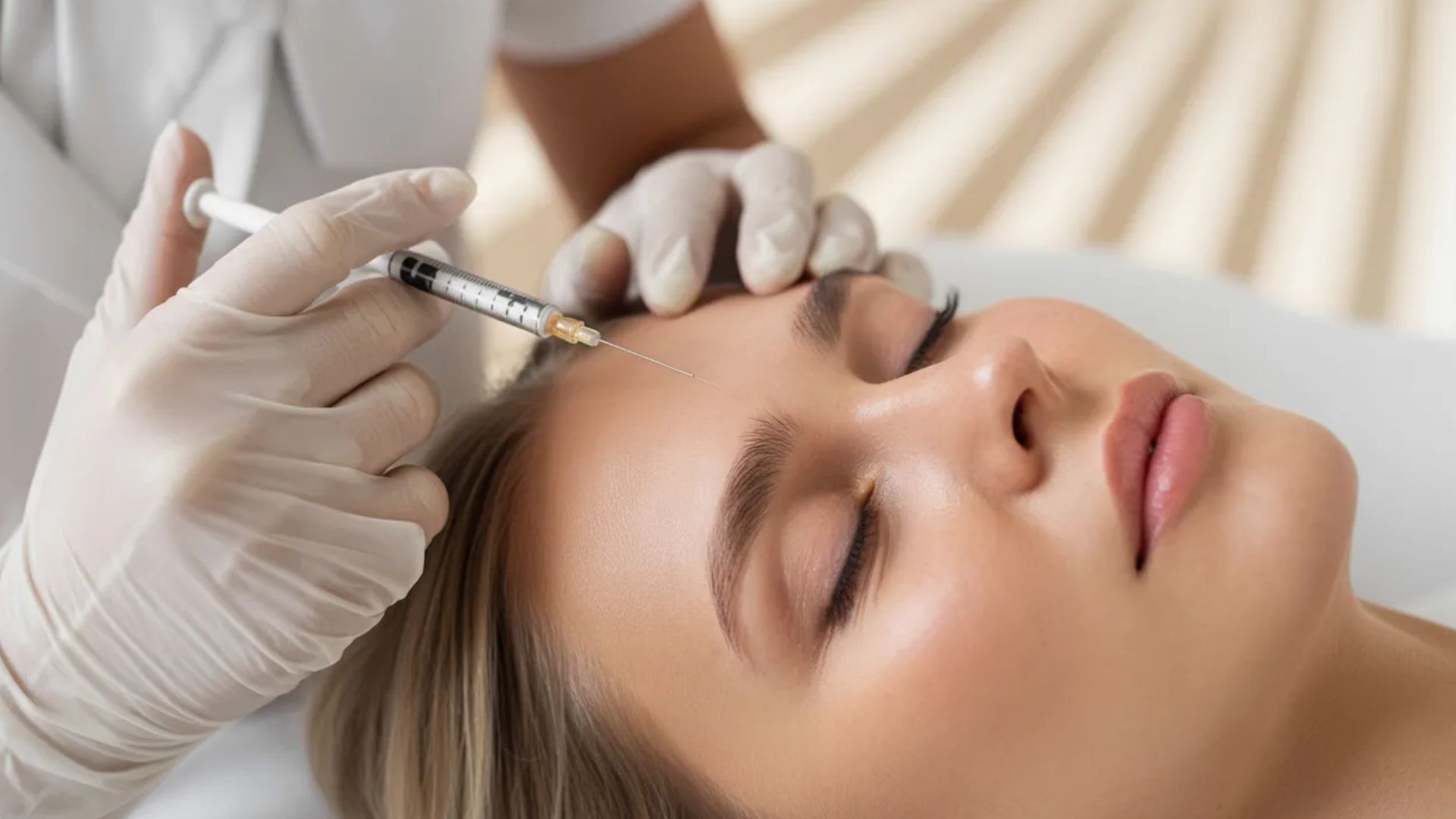 A woman receiving a facial injection in a clinical setting, focused on her face and the medical professional administering it.