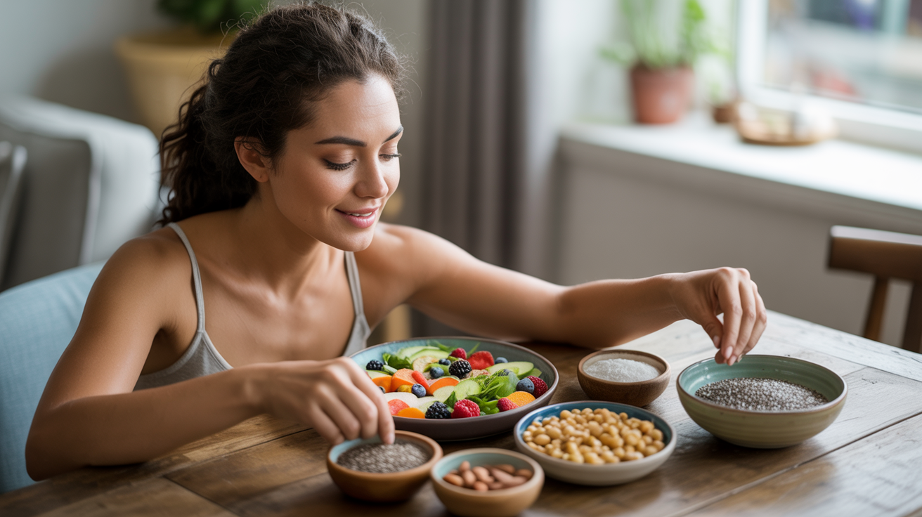 A woman is seated at a table, eating a bowl of food alongside a colorful salad.