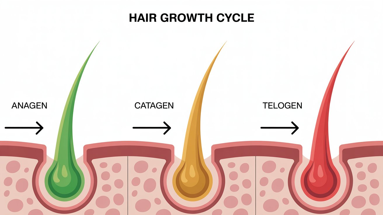 Diagram illustrating the hair growth cycle, showing the phases of anagen, catagen, and telogen stages.