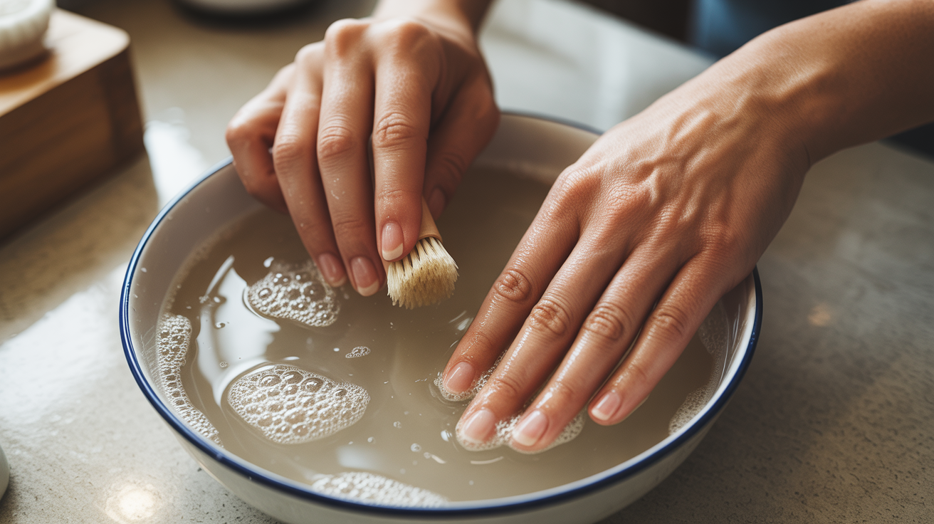 A hand grasping a toothbrush and a tube of toothpaste, indicating preparation for brushing teeth.