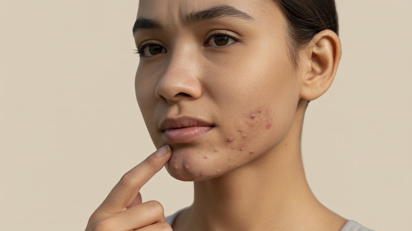 A woman with visible acne on her face, showcasing her natural skin texture and features.