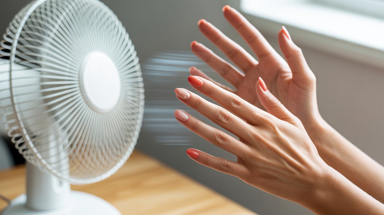 A woman's hands gently touch the blades of a fan, showcasing interaction with the appliance.