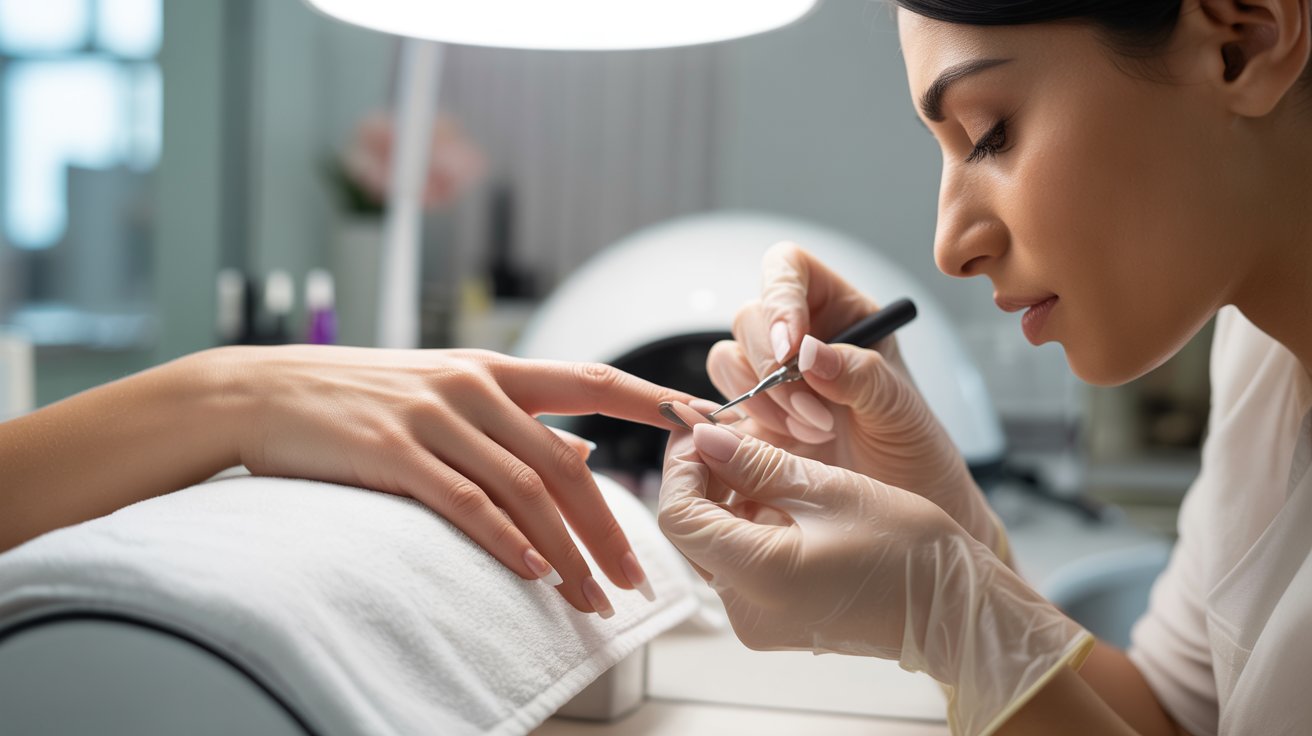 A woman receiving a manicure at a nail salon, with colorful nail polish options displayed nearby.