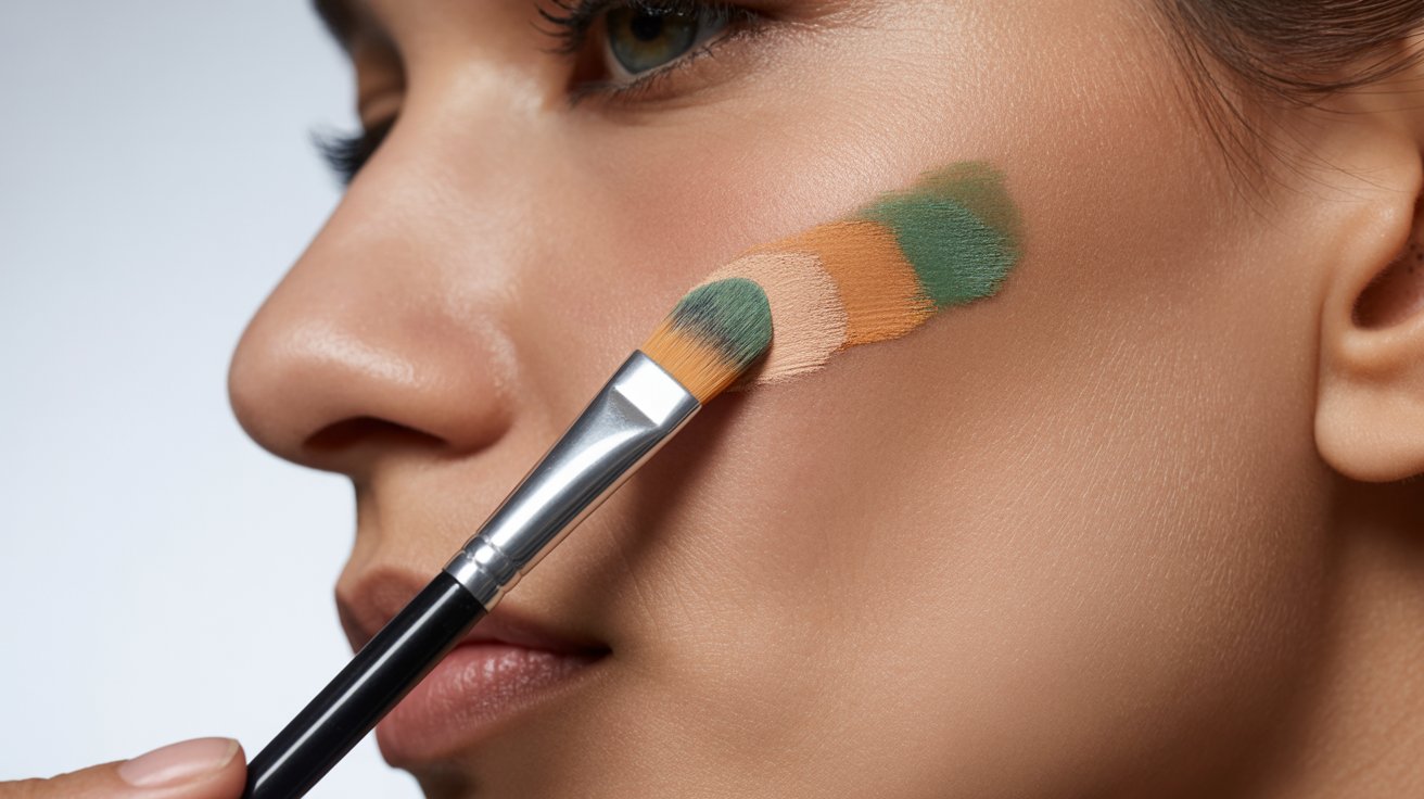 A woman applies makeup to her face using a brush, focusing intently on her reflection in a mirror.