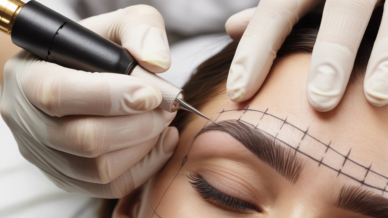 A woman receiving eyebrow enhancement treatment using a needle.