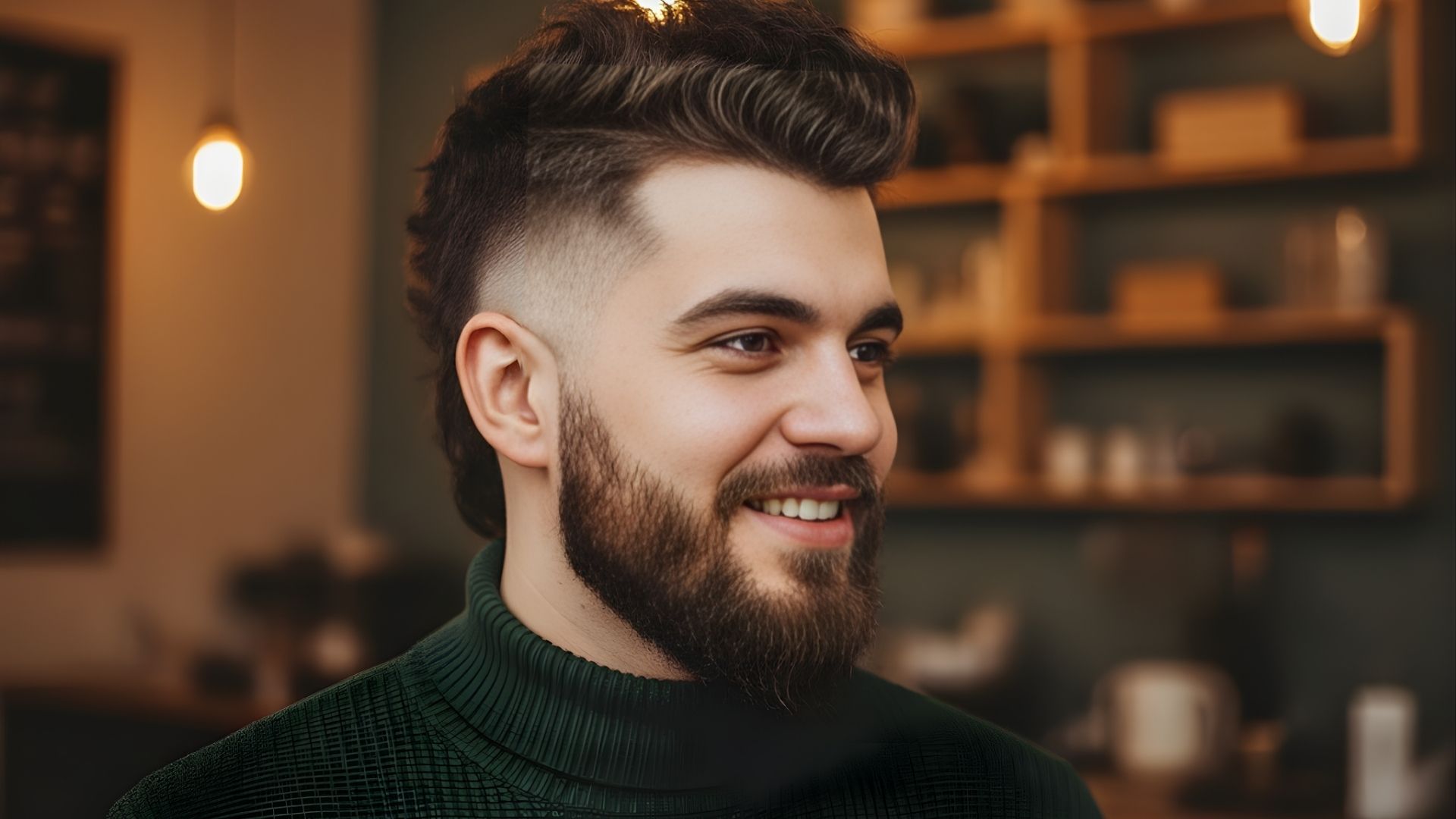 A man with a beard and a mohawk smiles broadly, showcasing a lively and engaging personality.