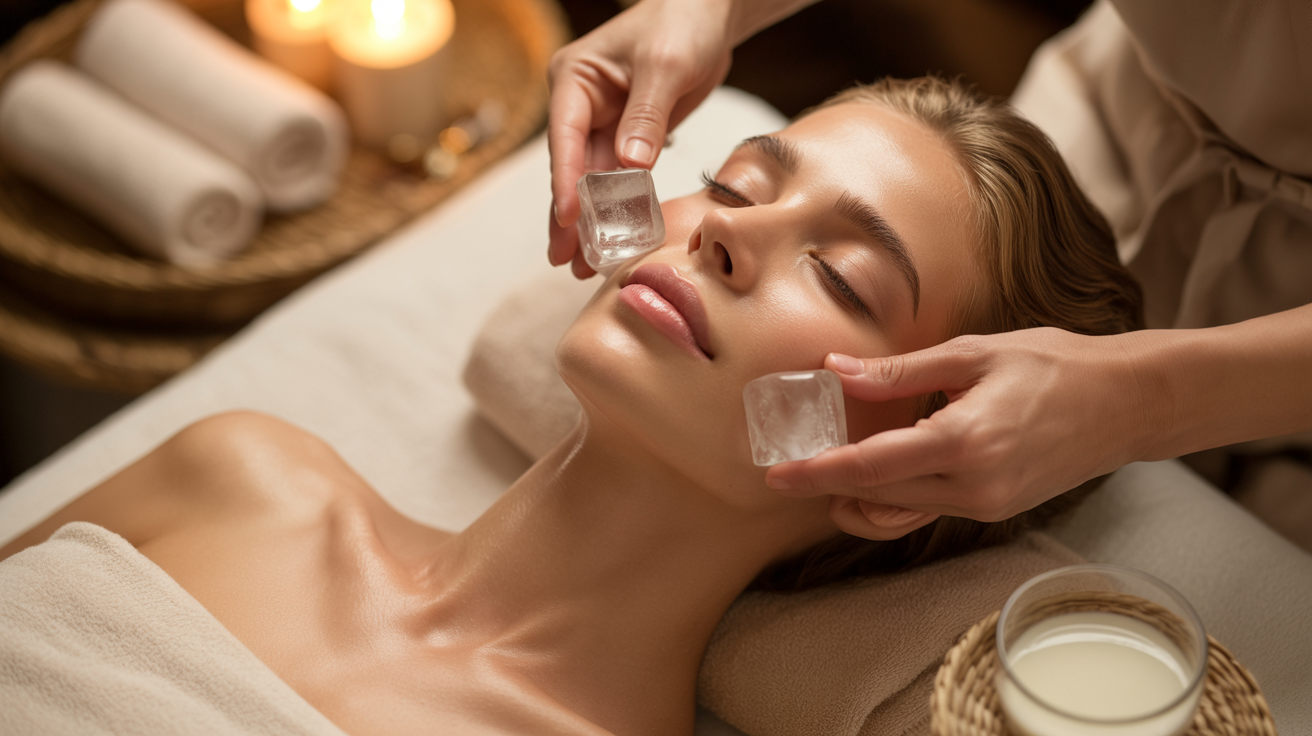 A woman receiving a facial treatment, relaxing with ice cubes applied to her face for cooling and rejuvenation.