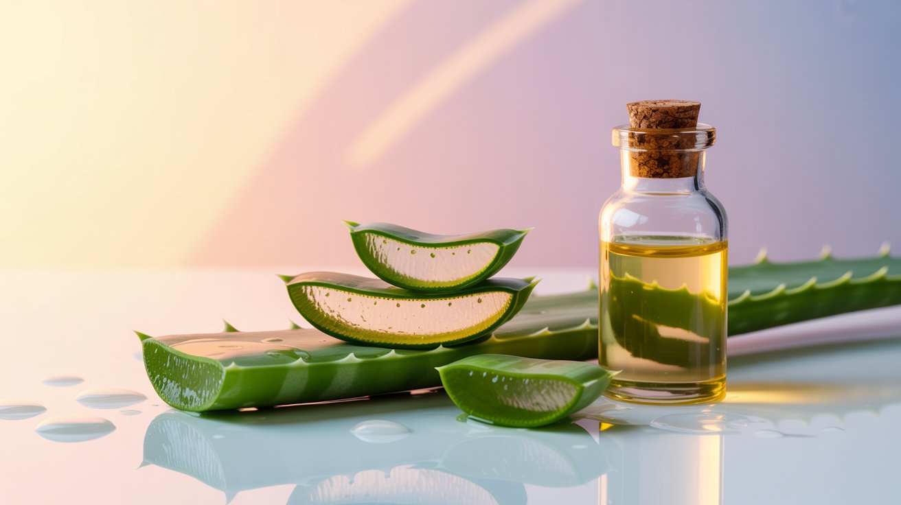 A white background featuring aloe vera oil and gel, highlighting their distinct appearances and uses.