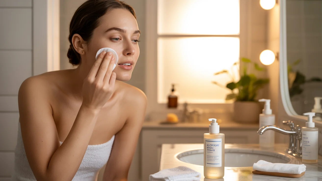 A woman gently cleanses her face with a facial cleansing cloth, focusing on her skincare routine.