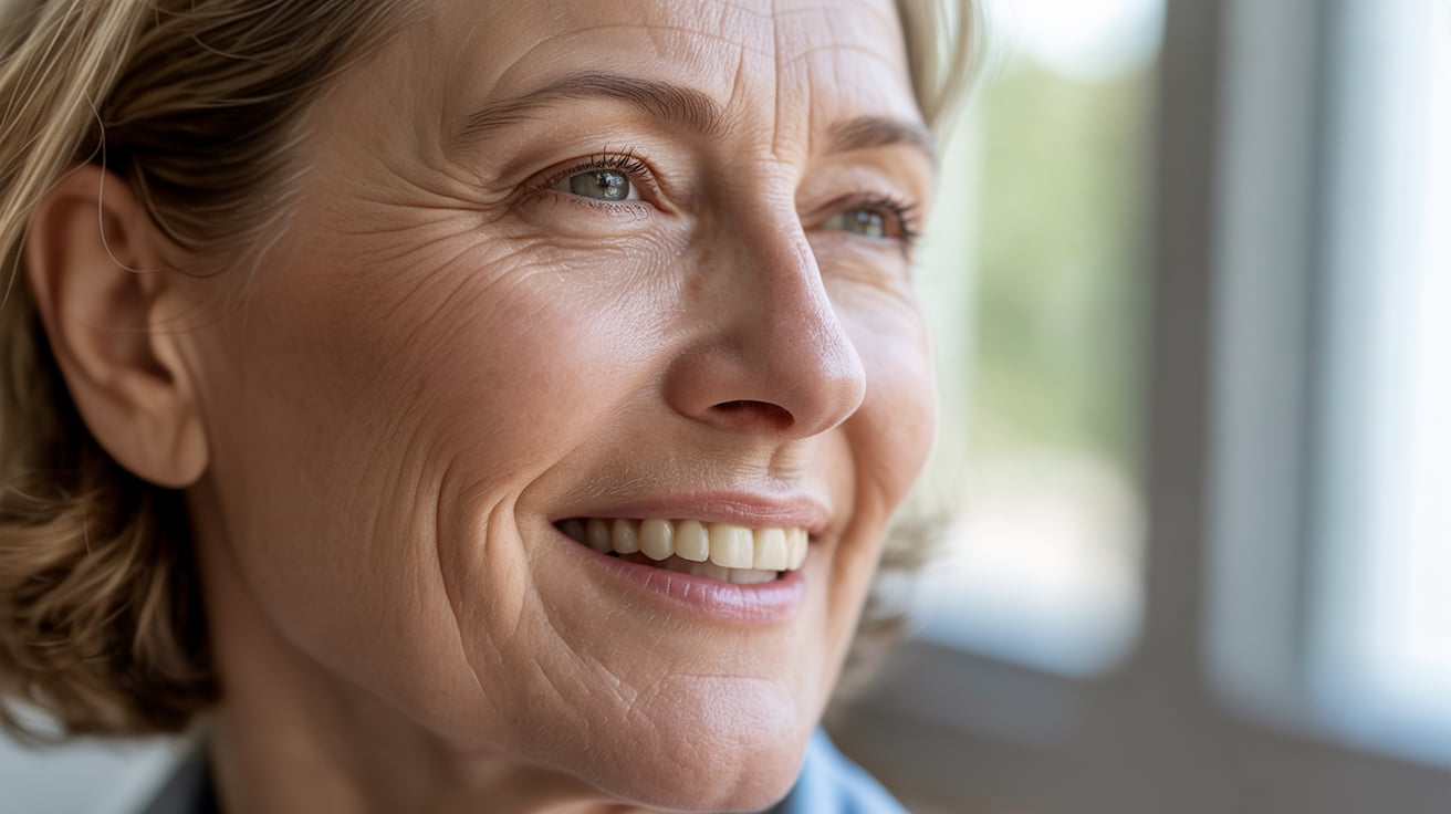 A woman with short hair wearing a blue shirt, smiling and looking towards the camera.