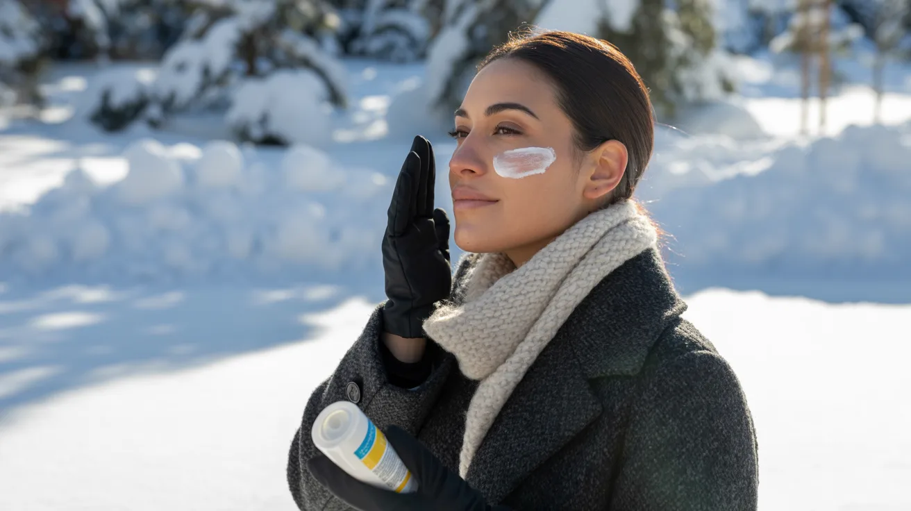 A woman in winter attire holds a bottle of sunscreen, emphasizing the importance of winter skin care tips.