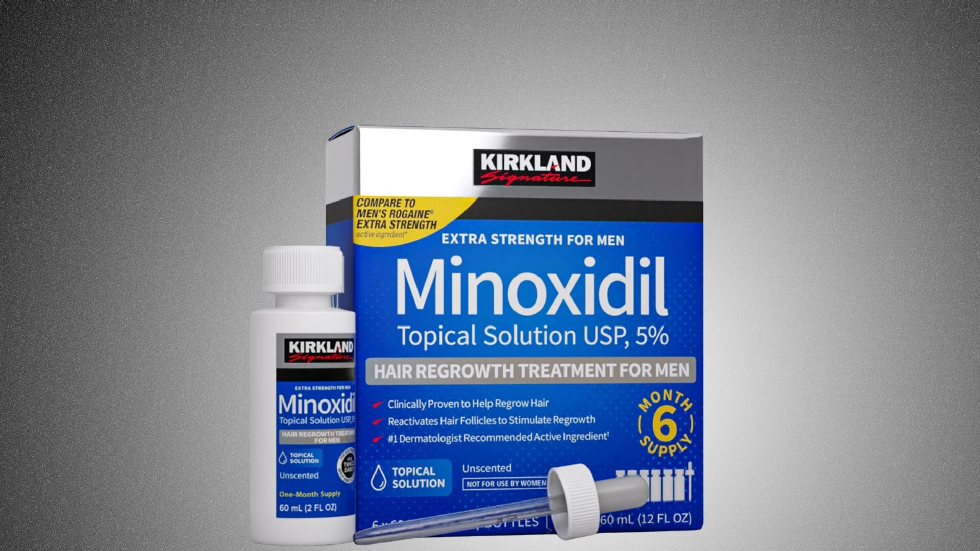 Minoxidil topical solution bottle for hair loss treatment, featuring a dropper for easy application.