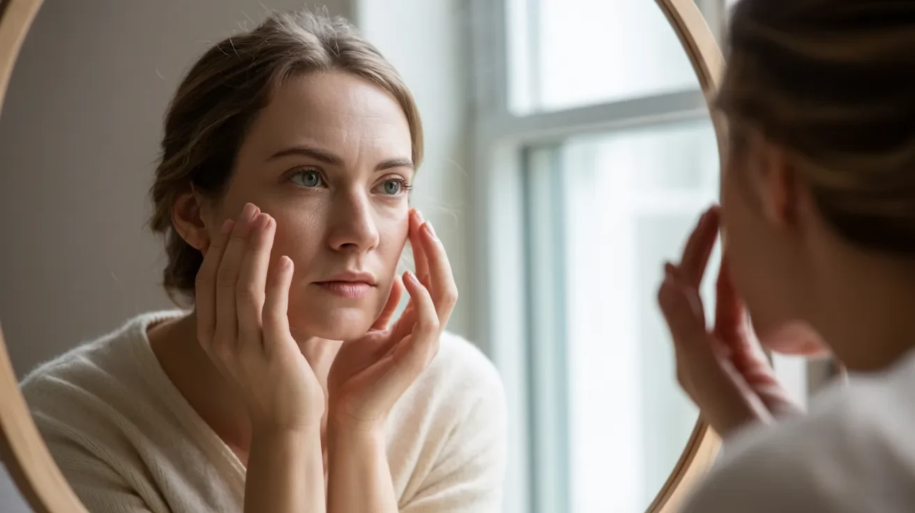 A woman gazes into a mirror, examining her face, reflecting on beauty and self-care.