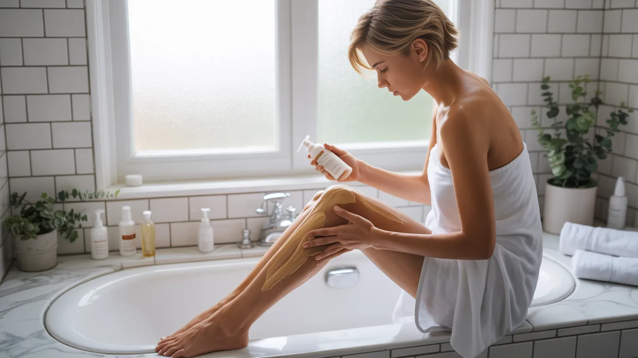 A woman relaxes in a bathtub, holding a bottle of lotion, suggesting a self-tanning routine for a sun-kissed glow.