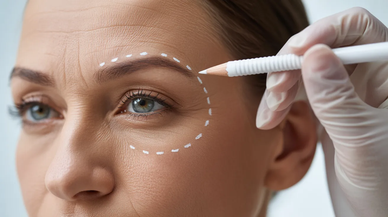 A woman is focused on defining her eyebrows with a pencil during a beauty treatment.