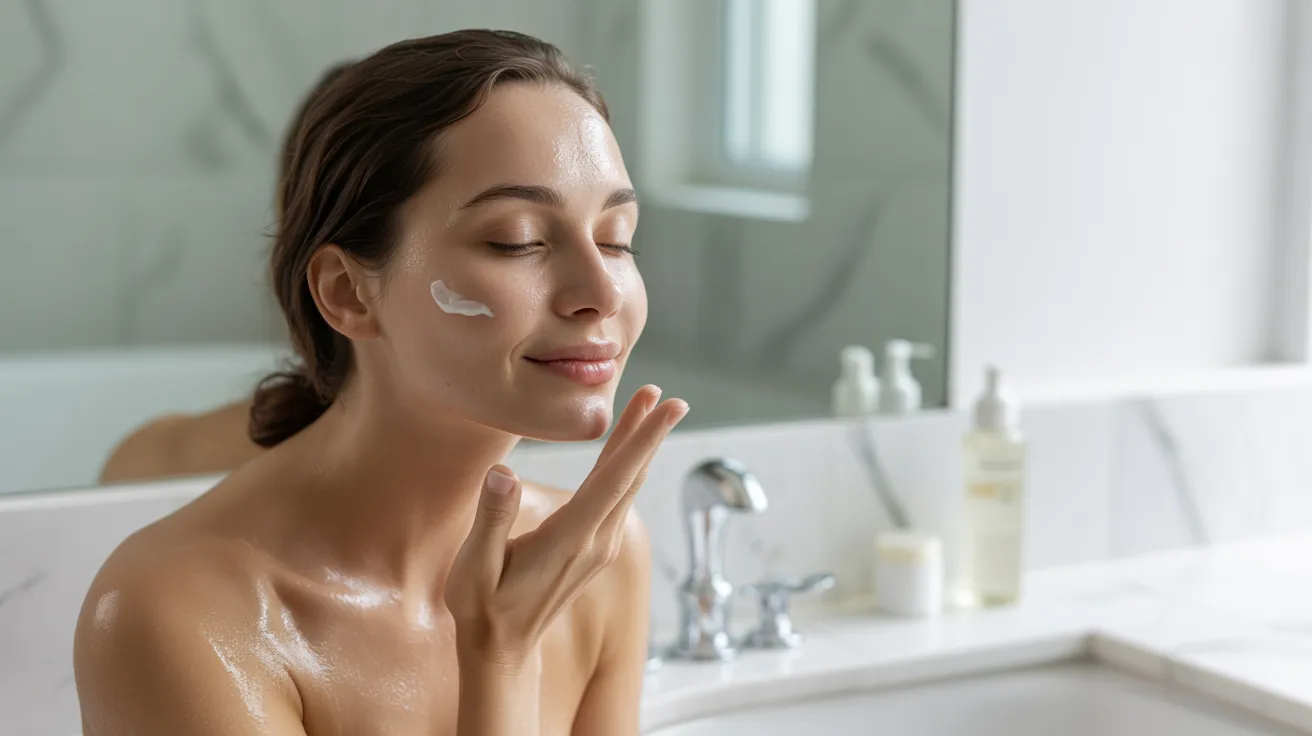 A woman applies facial cream to her face, promoting a gentle skincare routine with a fragrance-free cleanser.