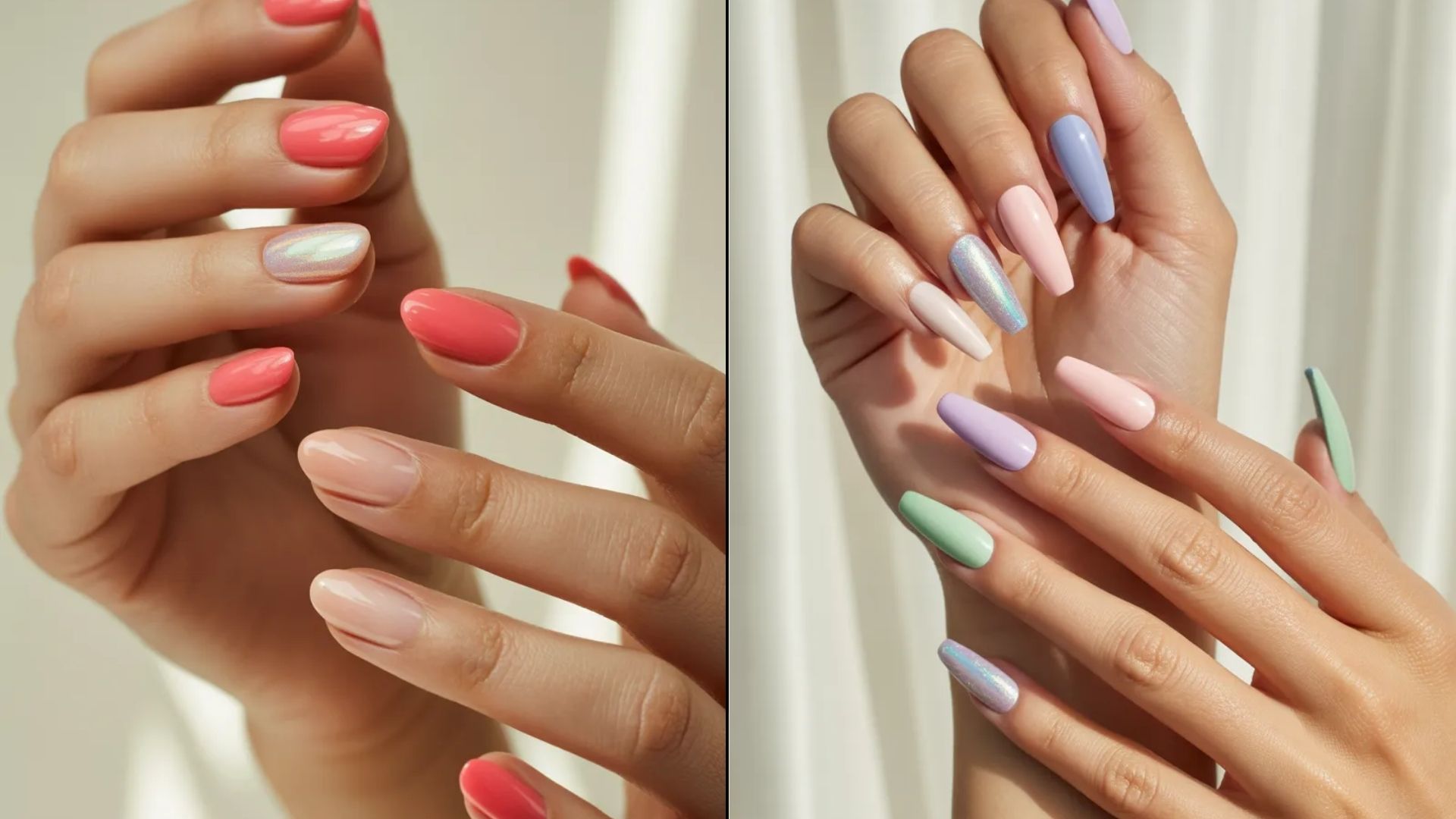A display of three manicured nail styles: vibrant red, sophisticated French tips, and modern ombre.