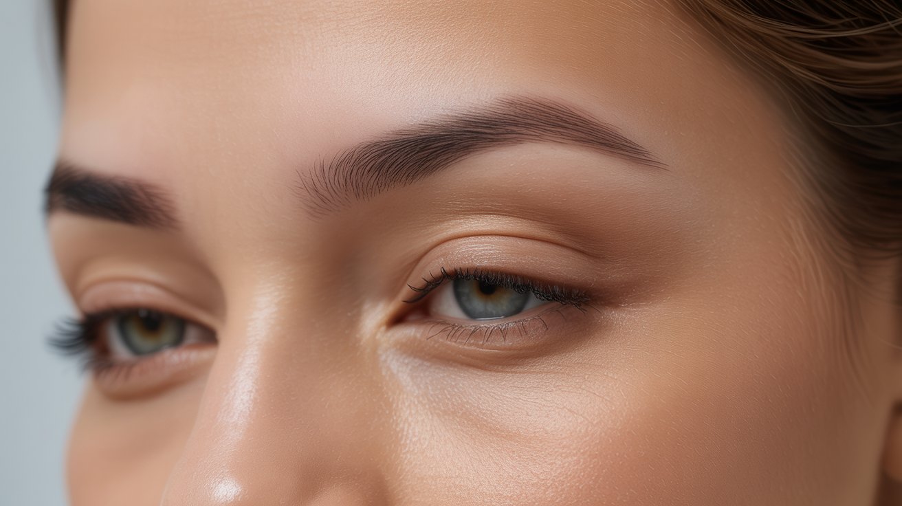 Close-up of a woman's face highlighting her expressive brown eyes and smooth skin.